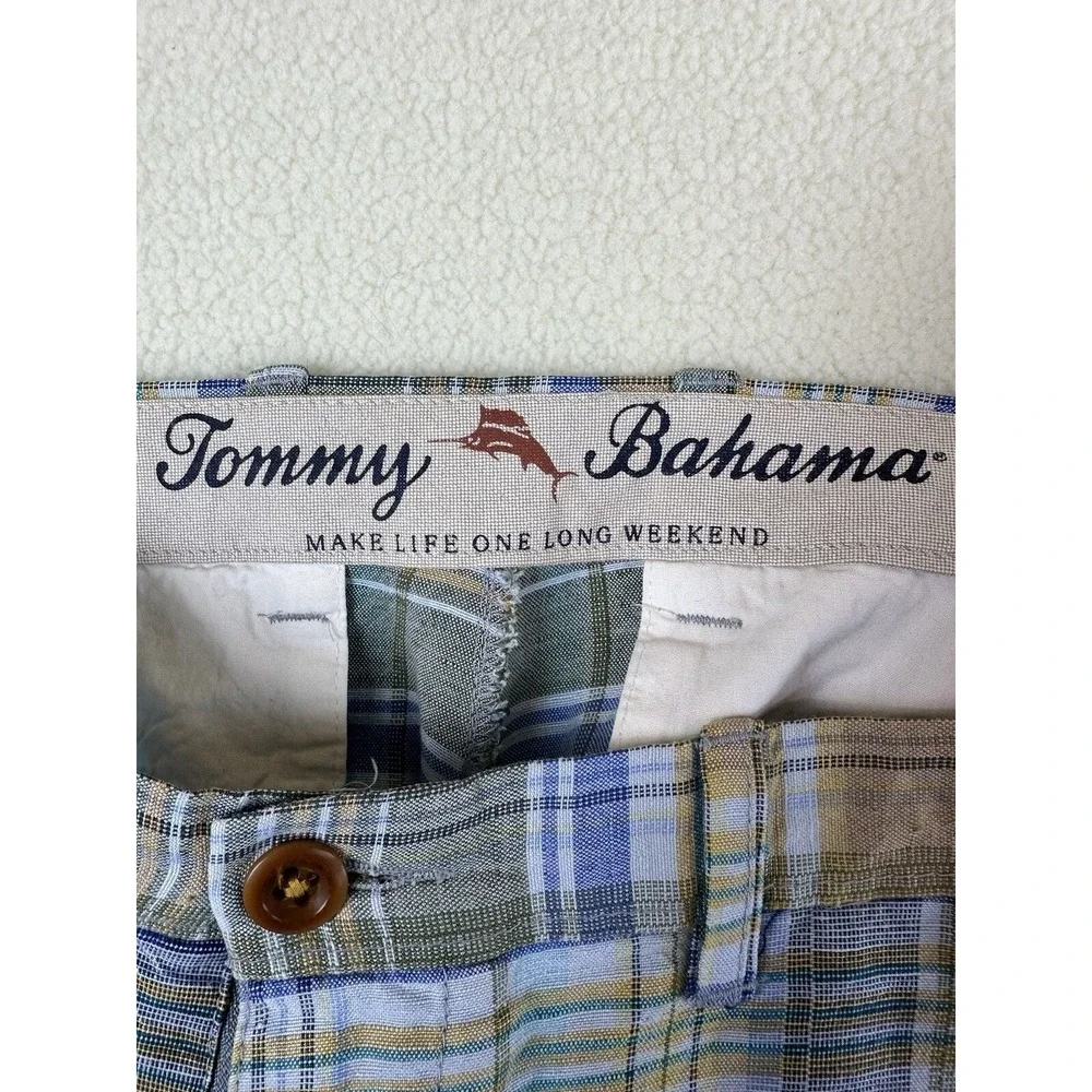 Tommy Bahama Plaid Green Blue Orange Linen Blend Flat Front Shorts Mens Size 34